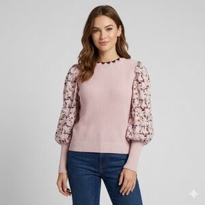 Fate Floral Puff‎ Sleeve Knit Sweater Womens Small Pink Mixed Media Boho FW14071